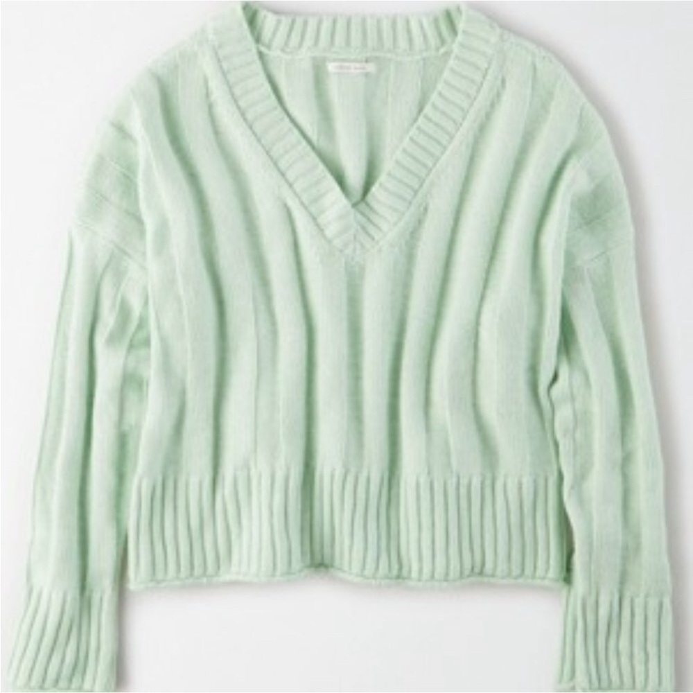 American Eagle Women XS Green Ribbed Knit Oversized V-Neck Pullover Sweater